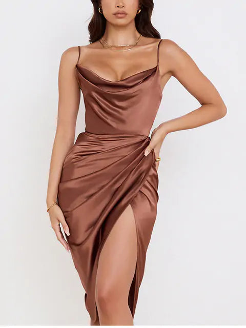 Midi Satin Dress Split Adjustable Strap